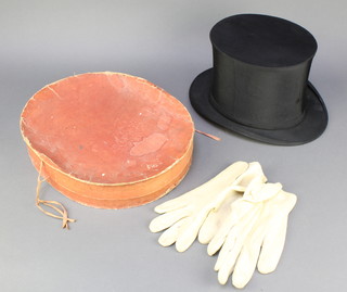 A gentleman's Alfred Townsend black folding opera hat complete with box, approx size 7 1/4 