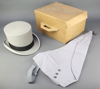 A gentleman's grey top hat, size 7 1/4 together with an Akco grey double breasted morning waistcoat 