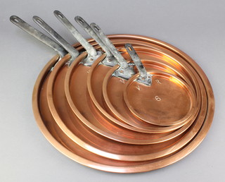 6 graduated copper saucepans lids with iron handles marked VR 6 1/2", 8 1/2", 10 1/2", 12 1/2", 15 1/2" and 17" 