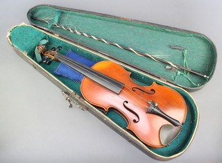 A violin with single piece back labelled JTL Geronimo Barnabetti Paris 14" complete with bow (f) and contained in a wooden case 