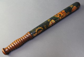 A Victorian Metropolitan Police turned and painted wooden truncheon with Royal Arms and City of London crest marked MP 1868 (some paint loss) 16 1/2" 