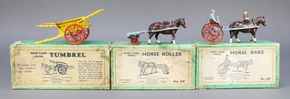 A Britains no.F8 horse rake boxed together with a Britains no.F9F horse roller boxed and a no. 4F Trumbrel boxed 