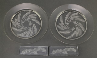 A pair of circular modern Lalique etched glass dishes decorated ears of corn, signed Lalique 6 1/2" together with 2 matching rectangular knife rests 4" x 2" 