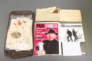 A signed polaroid photograph of Henry Cooper, a handbill signed by Paul Daniels, ditto The Proclaimers together with a leather bag containing various silk cigarette cards etc 