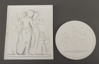 A circular Royal Copenhagen porcelain plaque decorated a classical scene 5 1/2" and a Continental porcelain plaque decorated The Three Graces and with attendant to cherub  7 1/2" x 6" (chip to the side) 