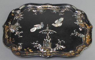 Jennens and Bettridge, a Victorian shaped black papier mache tray inlaid mother of pearl decorated birds 17" x 13" 
