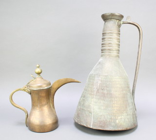 A brass Turkish coffee pot 10" and an Eastern planished copper waisted jug 21" 