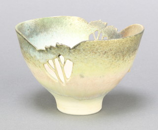 Mollie Hillam Fulneck, a  studio pottery bowl of shaped circular form with pierced sides, impressed Fulneck 3 1/2" 