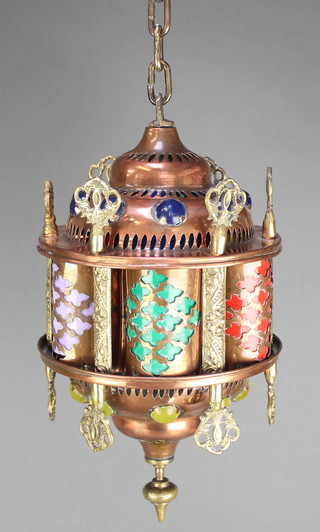 A copper and brass mosque style hanging lantern 12" 