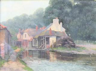 Edwardian oil on canvas, unsigned, buildings beside a stream 11" x 15" 