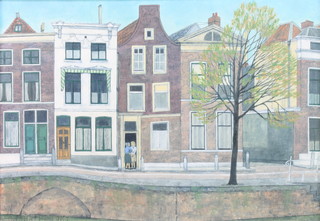 C C Hall, 1967, oil on board, signed, a view of a canal in Leiden Holland 11 1/2" x 16 1/2" 