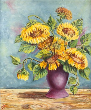 Hilda E King, oil on board, sunflowers in a purple vase, signed and dated May 1974 23 1/2" x 19 1/2" 