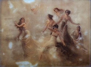 After Edouard Bisson, a christoleum of six standing maidens with cupid in distance 7" x 9 1/2" contained in an ebonised frame 
