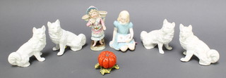 A Royal Doulton figure Alice HN2150 5", a 19th Century Continental porcelain pepper pot in the form of a pumpkin 1 1/2", a 19th Century Continental porcelain cruet in the form of a standing girl with 2 paniers 5 1/2", 2 pairs of Continental biscuit porcelain figures of seated dogs 4" (1 has a firing crack by leg and slight chips to ears)  