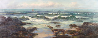 Oil on canvas, seascape with ships and seagulls, indistinctly signed to bottom right hand corner 12" x 31" 
