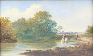 Oil painting on board, study of a figure watering a horse in a pond, figures walking and hills in distance 6" x 10" 
