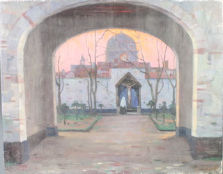 Oil painting on canvas, study of a cloister with nun at devotion 23 1/2" x 29 1/2", indistinctly signed to bottom right hand corner 