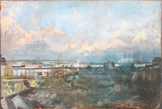 Anthony Kerr, oil painting on board, Gravesend and Tilbury, industrial scene, 24" x 36", signed to the bottom right hand corner 