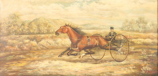 A 19th Century American style oil on canvas, study of a racing buggy with horse, bears signature to the bottom right hand corner L B Hurst,  11" x 23 1/2" contained in a walnut frame 