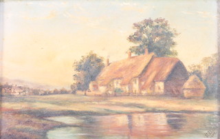 Edwardian oil paintings on canvas, a pair, studies of country cottage and cottage by a stream 7 1/2" x 11 1/2", monogrammed SB, dated 1907
