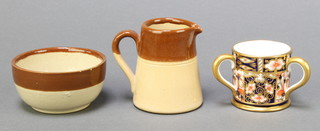 A Royal Crown Derby miniature tyg 2451 1 1/2", a Bourne Denby miniature salt glazed bowl 1", a Langley Ware miniature jug 2" (chip to spout) 