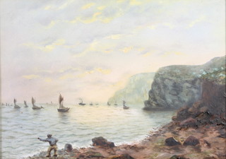 19th Century oil on canvas, study of a bay with fishing boats and fishermen 9 1/2" x 13 1/2", unsigned 