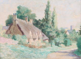 Oil on board, impressionist scene, cottage with church in distance, monogrammed W, labelled to reverse James Lawton Wingate 9" x 11 1/2" 