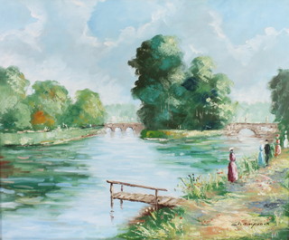 N Champeaux, oil on canvas, impressionist scene with river and bridges 7 1/2" x 21 1/2", signed