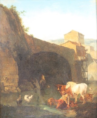 19th Century Italian School,  oil on canvas, study of an arched bridge with figures, watering cattle, goats and horses 26" x 21 1/2" 