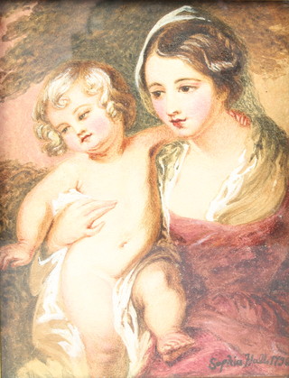 19th Century watercolour, study of a lady with child bearing a signature and date 5 1/2" x 4" 