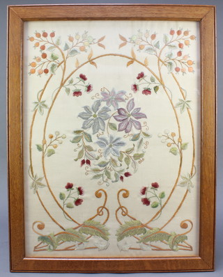 A framed silk work embroidery of fruits, flowers and leaves 21" x 15" 