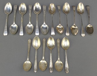 6 various Georgian Old English pattern teaspoons, a set of 6 silver teaspoons with bright cut decoration London 1920 and a set of 6 silver coffee spoons Sheffield 1961, 260 grams