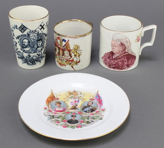 A Victorian Diamond Jubilee mug (slight firing chip to rim), 1 other (crazing to the interior), an Edward VII Coronation beaker and a Continental porcelain plate decorated George V Royal Family 7" 