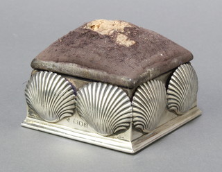 A square silver mounted pin cushion trinket box with hinged lid and scallop shell decoration London 1903, 3 1/2" 