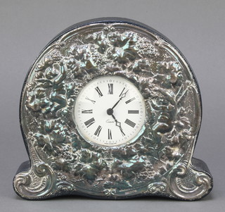 A repousse silver desk timepiece, London 1991 6 1/2" 