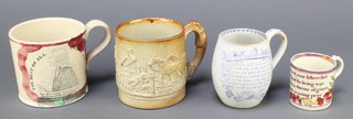 A child's Sunderland lustre mug with motto Come children seek your father's faith through Christ the living way ....  (chip to rim) 2 1/2", an 18th/19th Century pottery mug decorated The Farmer's Prayer (cracked) 3 1/2", a salt glazed mug decorated hunting scene and with toad to interior (cracked) 4", a pottery mug - The best of all God is with us (cracked) 