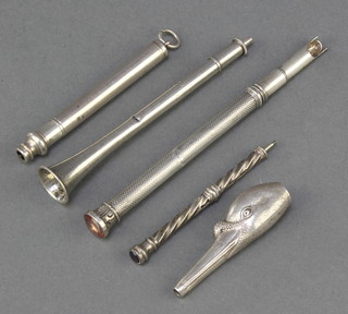 A novelty silver propelling pencil in the form of a hunting horn and 4 other items