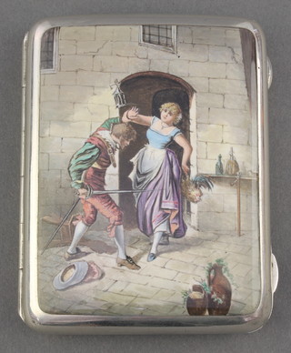 A silver cigarette case with  enamelled front depicting a fighting lady and gentleman 
