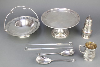 A silver plated meat skewer, a swing handled basket and minor plated items