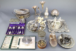 A silver plated sugar scuttle and shovel, minor plated items