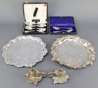A silver plated salver with shell and gadroon rim 10" and minor silver plated items 