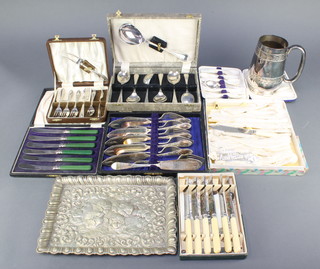An Edwardian silver plated mug and minor plated cased sets 