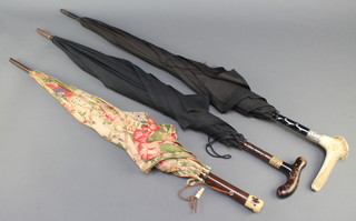 An Edwardian parasol with antler handle and silver collar and 2 others
