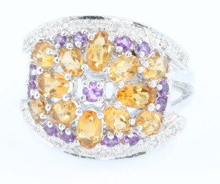 A 14ct white gold citrine pink topaz and diamond cocktail ring, size N 1/2 