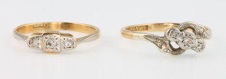 2 18ct yellow gold diamond set rings, size K 1/2 and O 