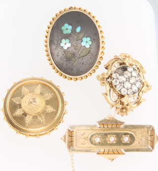 A 19th Century pietra dura brooch and 3 other brooches
