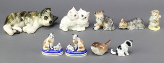 A Beswick pottery figure of 2 seated kittens 1316 3 1/2", a Beswick Beatrix Potter figure Miss Moppett and other pottery figures of cats and a bird 