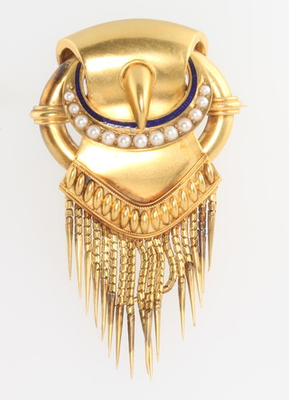 An Edwardian 15ct yellow gold etruscan style tassel  buckle brooch set with seed pearls and blue enamel, 18 grams