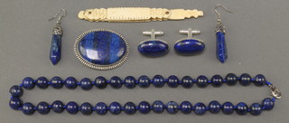 A pair of lapis lazuli cufflinks, earrings, necklace and brooch 