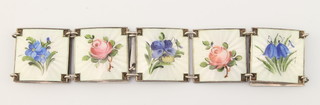 A Continental silver and guilloche enamel 8 plaque floral bracelet
